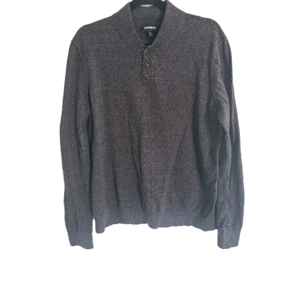 Express 100% Cotton 3 Button Mock Neck Sweater Size XL Charcoal‎ Gray Mens